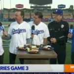 Norm in a LA Dodgers Jersey at Dodger Stadium doing TV interview