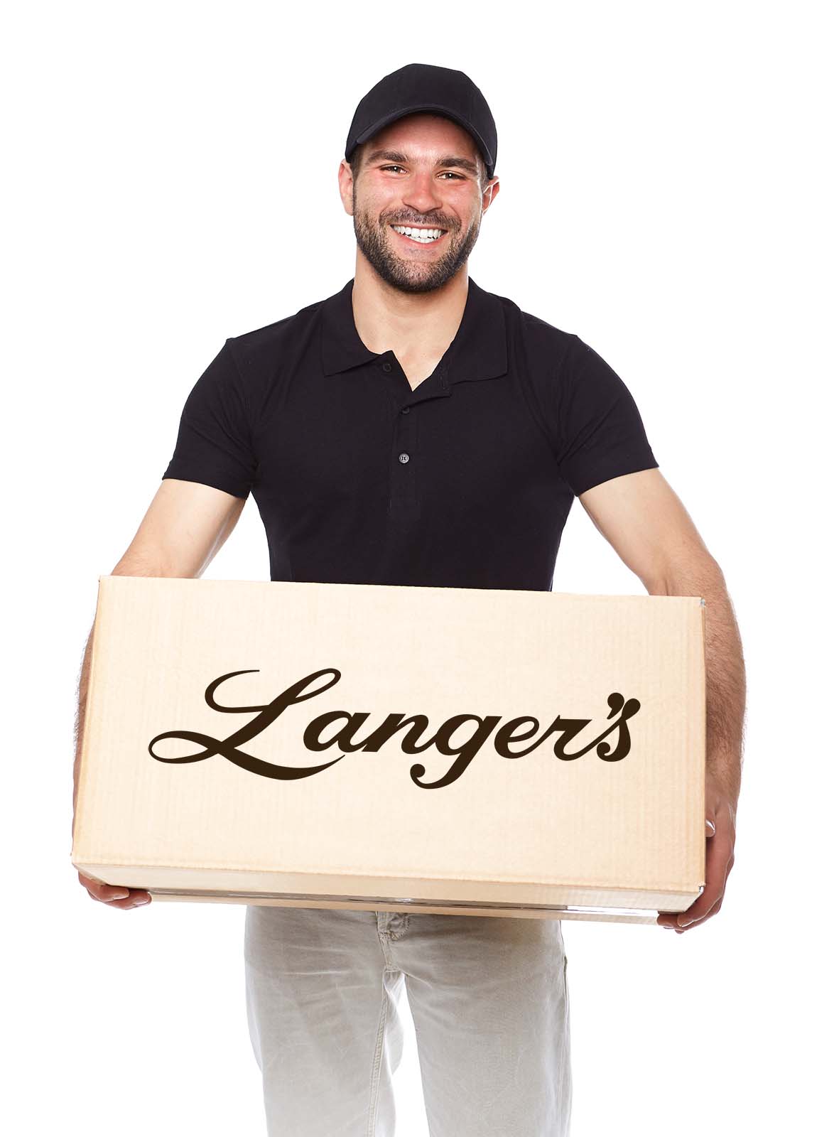 A delivery person carrying a box of Langer's food shipped overnight by Goldbelly