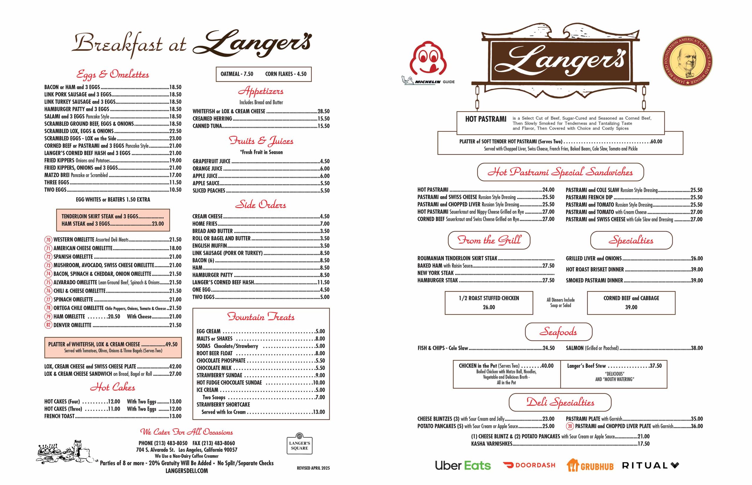 Langer's Delicatessen-Restaurant Menu (April 2025)